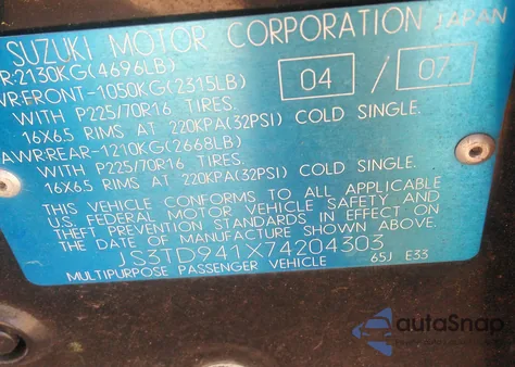 2007 Suzuki Grand Vitara z USA, uszkodzony, nr VIN JS3TD941X74204303